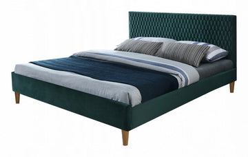 Modern zöld ágykeret magas fejvéggel és tölgyfa lábakkal.